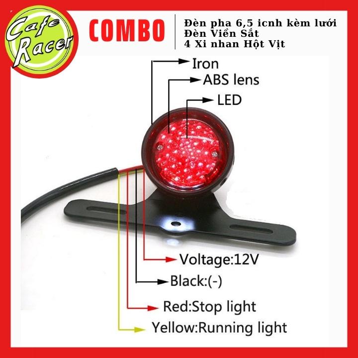 Combo đèn pha lưới 6,5icnh gáo sắt kính vàng cùng đèn hậu lưới và 4 xi nhanh lưới độ xe CAFE RACER