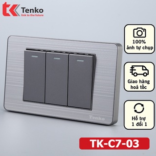Công Tắc 3 Hạt Âm Tường Màu Xám -  Công Tắc 3 Cực Và 2 Cực, Mặt Hợp Kim Có Bo Viền Chính hãng Tenko TK-C7-03