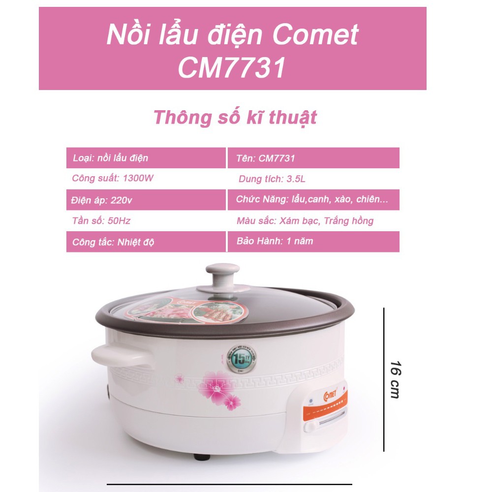 Nồi lẩu điện Comet CM7731 - Trắng hồng - 3.5 Lít