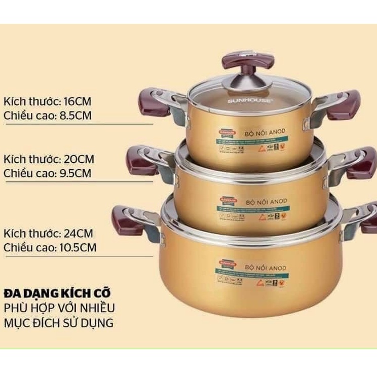 Bộ nồi Anod Sunhouse SH6634 chất liệu nhôm dùng bếp gas bếp hồng ngoại