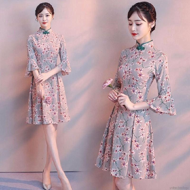 Summer Fashion Retrol National Style Floral Print Long Cheongsam Dress | BigBuy360 - bigbuy360.vn