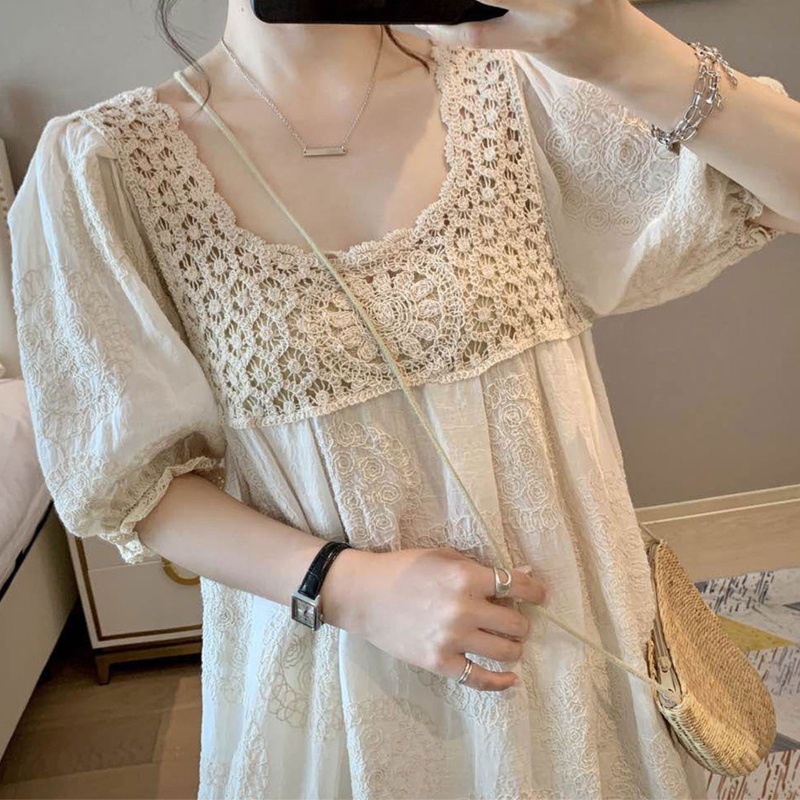 Đầm Tay Lỡ Phối Ren Dáng Suông Thêu Hoa Xinh Xắn Thời Trang Cho Nữ