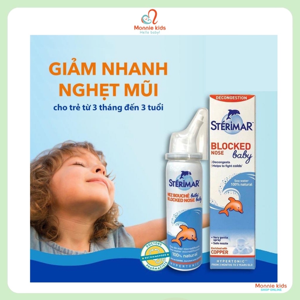 Xịt rửa mũi cá heo cam cho bé Sterimar 100ml, xịt mũi muối biển sâu Pháp - Monnie Kids