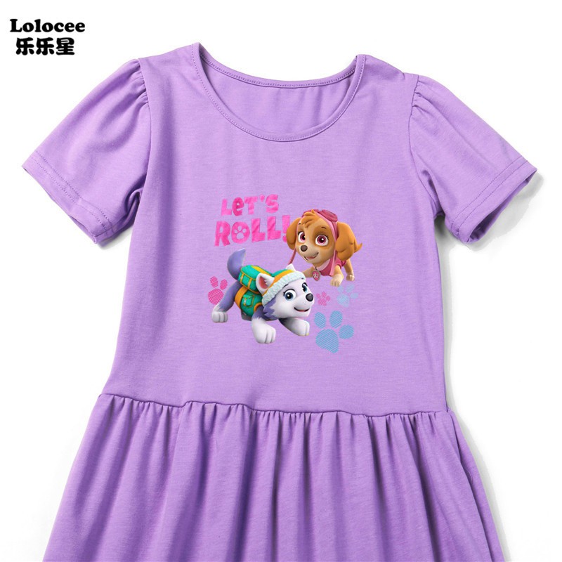 Cô gái Phim hoạt hình Paw Patrol Dress Trẻ em dễ thương in hình con chó ngắn tay áo bông công chúa sinh nhật váy 4-14y