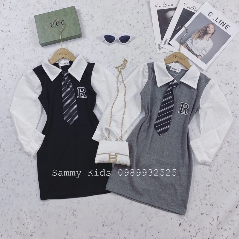 Váy Body phối tay Sơ mi kèm Calavat Hàn Quốc cho bé gái size đại 16-40kg