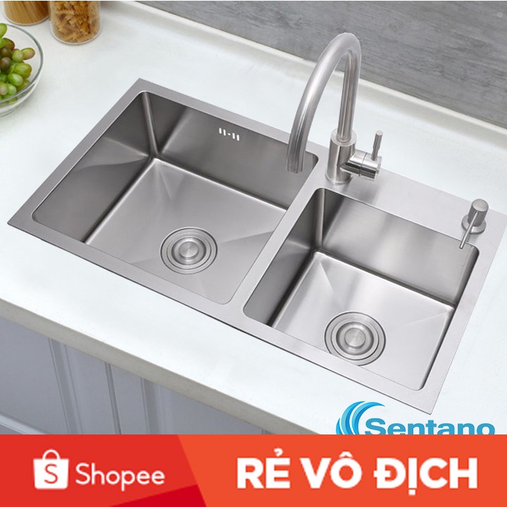 Combo Chậu rửa chén đúc liền khối 2 hộc lớn 100% inox 304 SC-11 Plus và vòi chén lạnh inox 304, TẶNG KÈM RỔ RÚT ĐA NĂNG