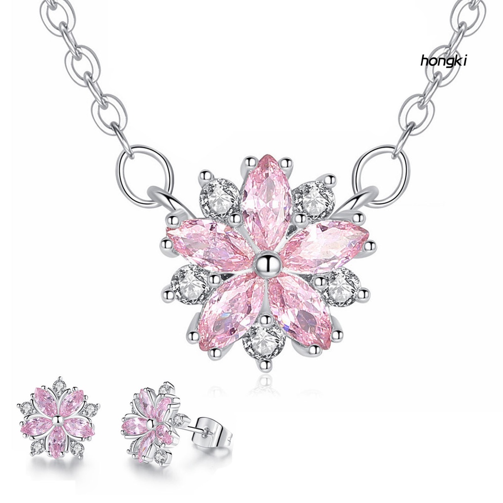 1 Set Bông Tai Và Vòng cổ Đính Đá Sakura Hồng Lấp Lánh Phong Cách Nhật Bản Dành Cho Nữ