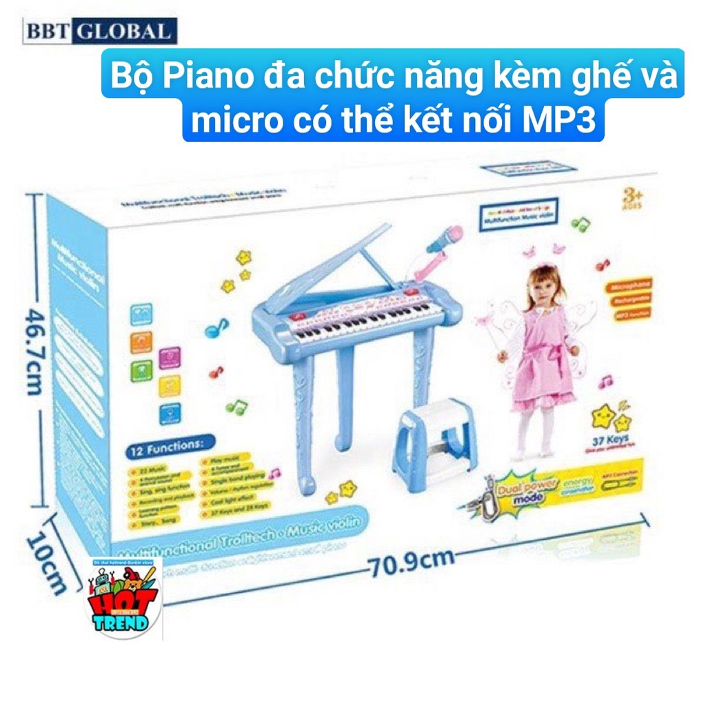 Đồ chơi Đàn Piano 37 phím tiêu chuẩn có ghế ngồi cho bé DJ206- đàn organ kèm micro với 3 chân kiềng chắc chắn