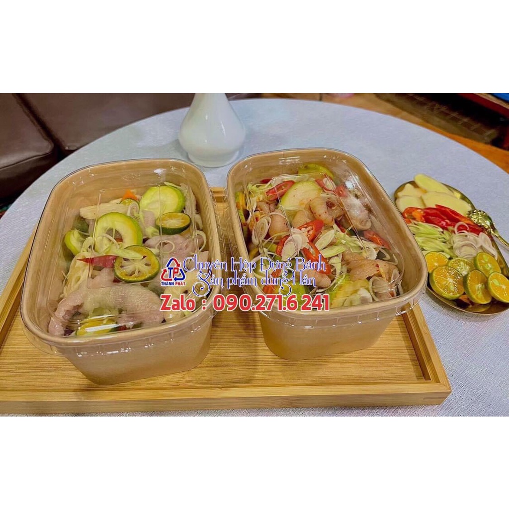 50 Hộp bento giấy chữ nhật kraft 1000ml nắp trong - Hộp Bento 1000ml đựng cơm bằng giấy kraft