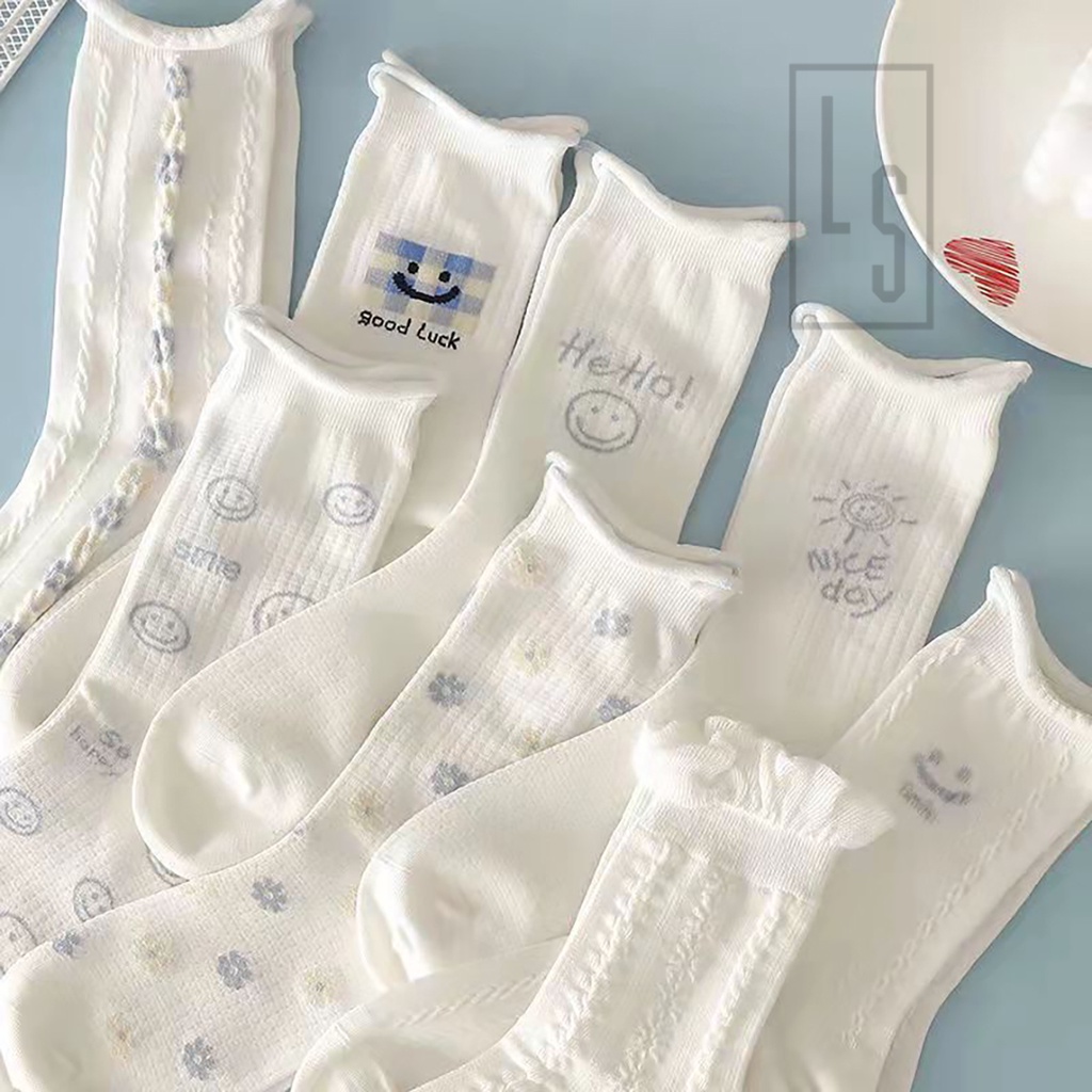 Vớ Nhún Cao Cổ Dễ Thương Trắng Tinh Khôi - Tất Cổ Nhún Trắng Họa Tiết