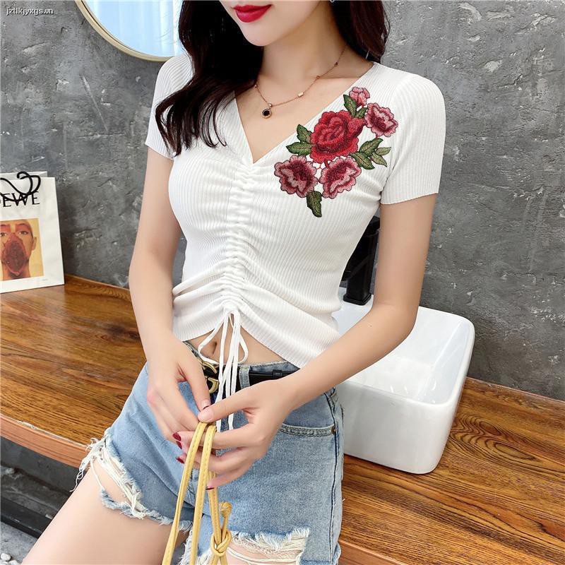 ✶drawstring top women s short-sleeved Xia Bingsi V-neck embroidered sweater Korean version of the navel and waist tight-fitting all-match T-shirt ins