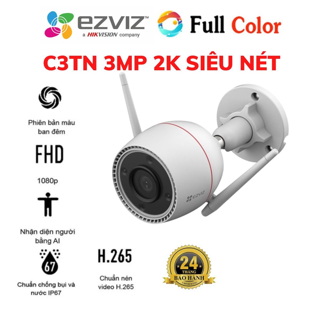 Camera Wifi Ngoài Trời Có Màu Đêm Đàm Thoại 2 Chiều Độ Nét Cao 2k Ezviz C3TN 3Mp 2K, Ezviz C3WN 2Mp -Hàng Chính Hãng