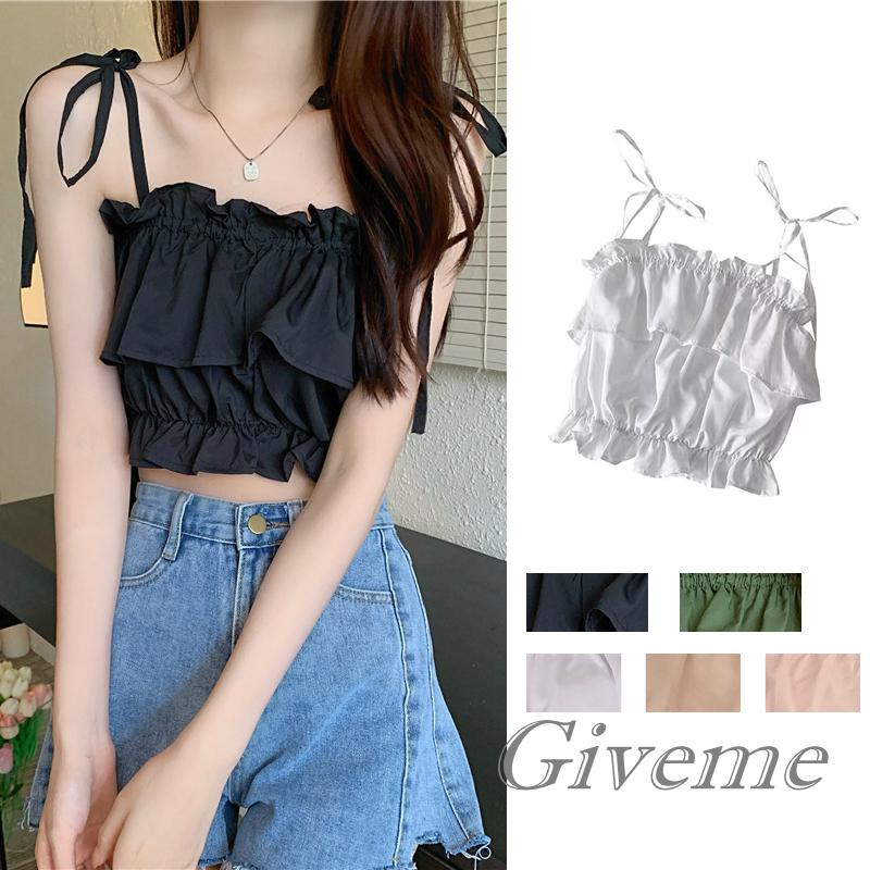 Áo Croptop Hai Dây Nhún Bèo Màu Trơn Thời Trang Mùa Hè Cho Nữ