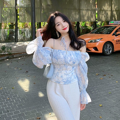 Áo Kiểu Chiffon Ngắn Hở Vai Tay Dài Lưng Cao In Hoa Xanh Dương Phong Cách Mới 2022 Cho Nữ
