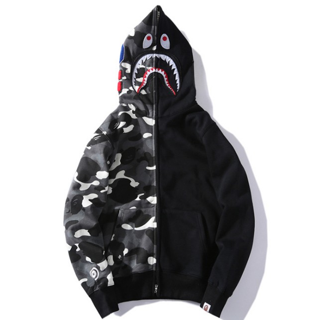Áo khoác hoodie sweater dạ quang hình cá mập bape rằn ri cho nam nữ