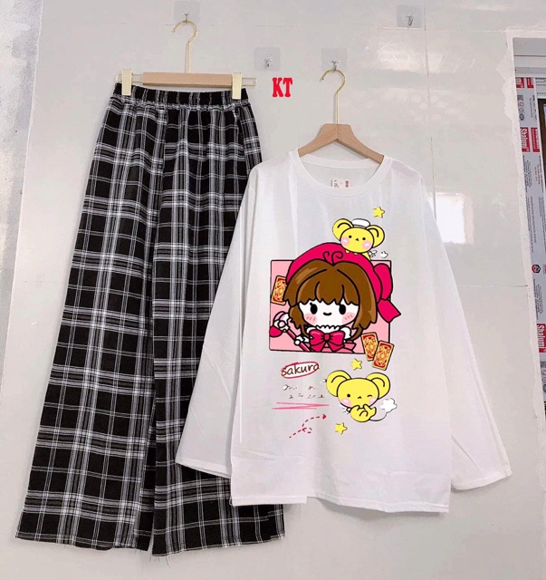 Set áo thun dài tay in cô gái sakura + quần kẻ ống rộng