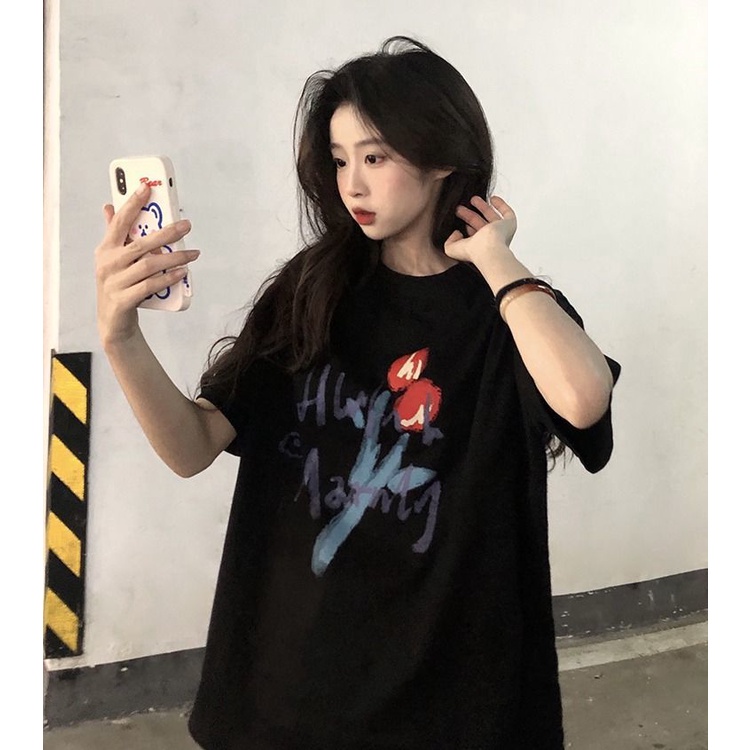 Áo Thun Tay Lửng Cổ Tròn In Hình Hoa Tulip Thời Trang Cho Nữ