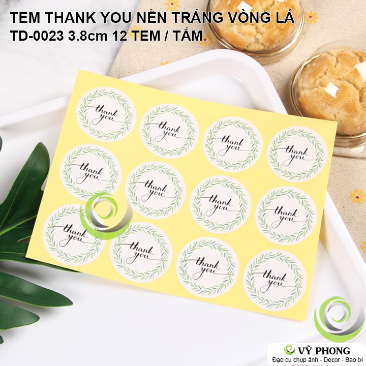 TEM DÁN STICKER THANK YOU NỀN TRẮNG VÒNG LÁ NIÊM PHONG TRANG TRÍ  HỘP BAO BÌ QUÀ TẶNG TD-0023