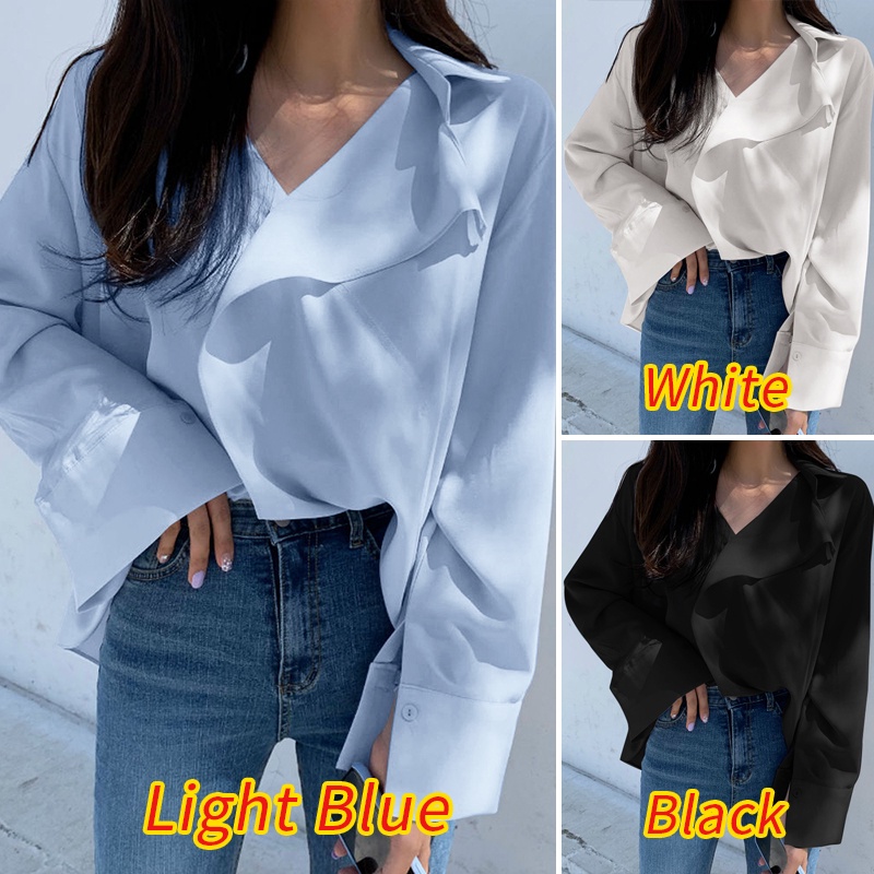 Áo kiểu ZANZEA dài tay cổ lật dáng rộng màu trơn đơn giản phong cách Hàn Quốc dễ phối đồ dành cho nữ