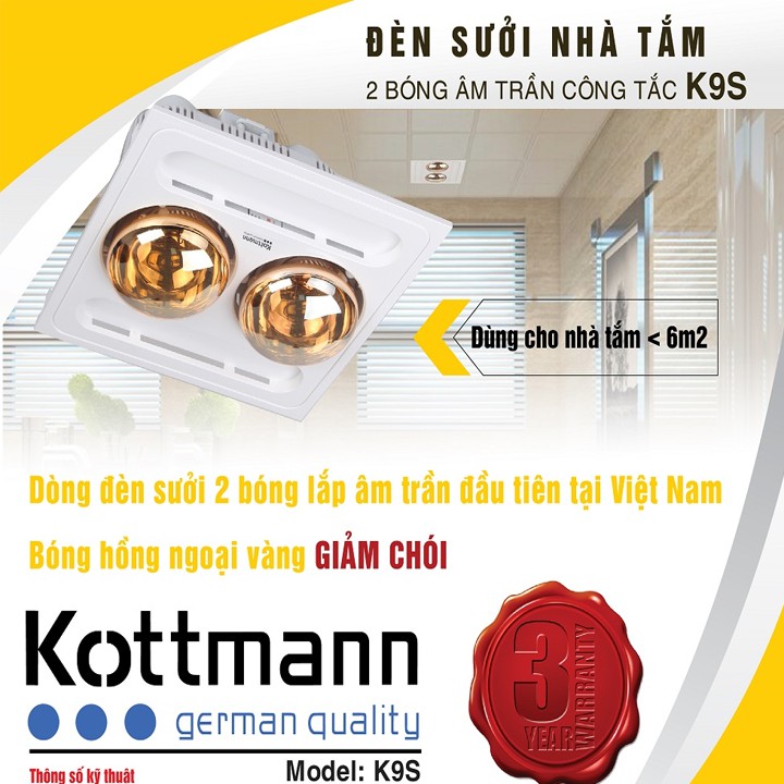 Đèn sưởi nhà tắm âm trần 2 bóng Kottmann K9-S - hàng chính hãng