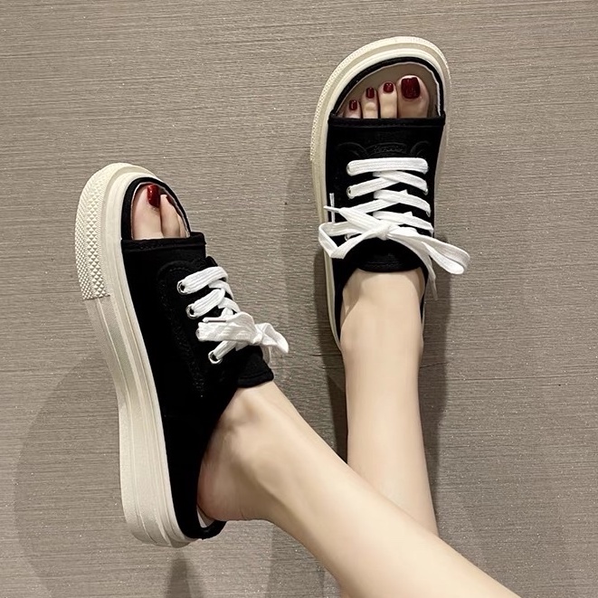 Giày sục nữ hở mũi vải Canvas, giày thể thao dáng đẹp, sục nữ cách điệu đễ độn 3cm hot trend 2022
