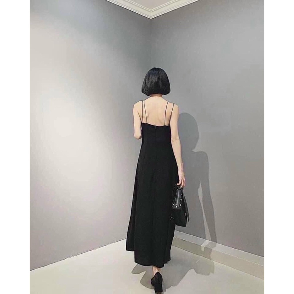 Đầm maxi đen trơn phối 2 dây hở lưng sexy, quyến rũ