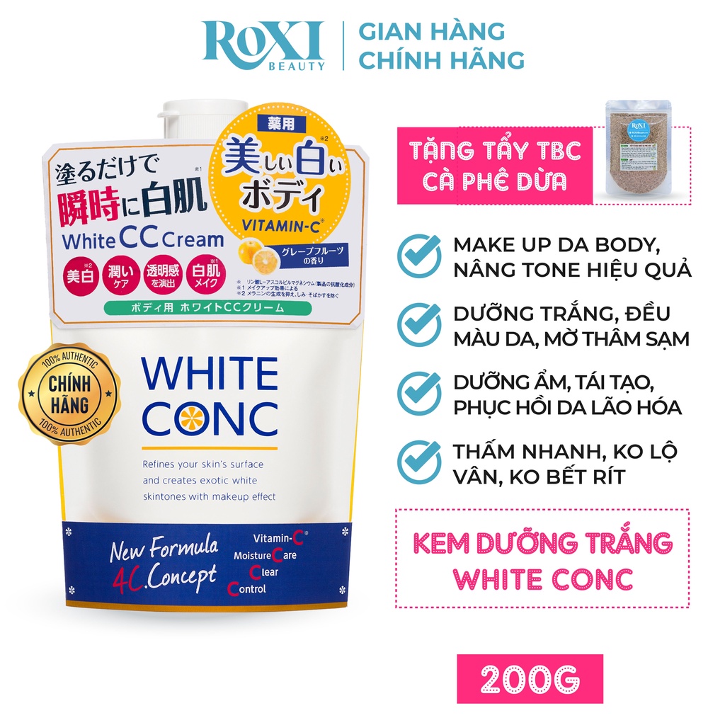 Kem nâng tone trắng da White Conc CC Cream ROXI Beauty kem make up body nâng tông da toàn thân chính hãng Nhật Bản 200g