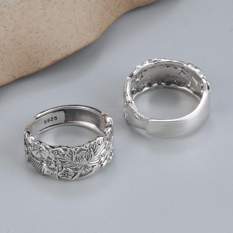 Nhẫn Hở Bạc S925 Hình Lá Sen / Cá Koi / Lá Sen Sáng Bóng Phong Cách Retro Cho Nữ