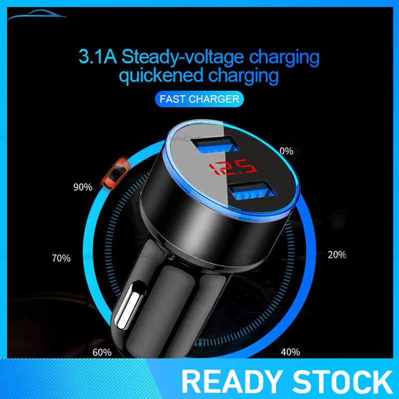 Tẩu Sạc Trên Ô Tô 2 Cổng USB 3.1A Màn Hình LCD 12-24V