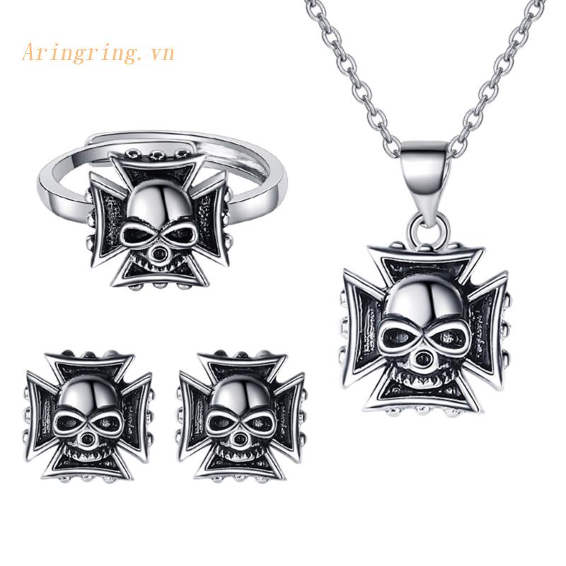 Bộ Vòng cổ + Bông Tai + Nhẫn Hình Đầu Lâu Phong Cách Hip Hop Gothic Punk Cho Nữ