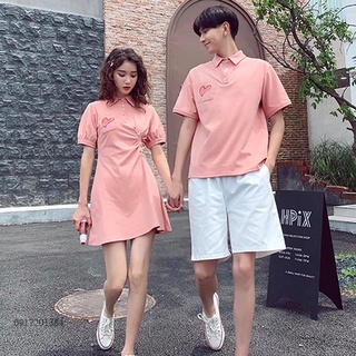 Đồ đôi nam nữ váy thun đôi rút dây đáng yêu và thun polo nam