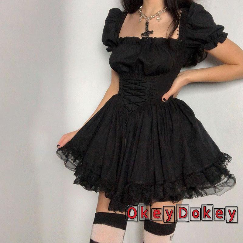 Đầm Công Chúa Mini Thắt Dây Tay Phồng Phong Cách Gothic Cổ Điển 90S Y2K Dành Cho Nữ