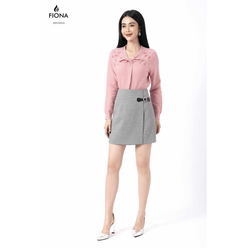 Chân váy dạ kim vạt chéo FIONA, chân váy thu đông chữ A, đắp tà, kẻ đen trắng F250507