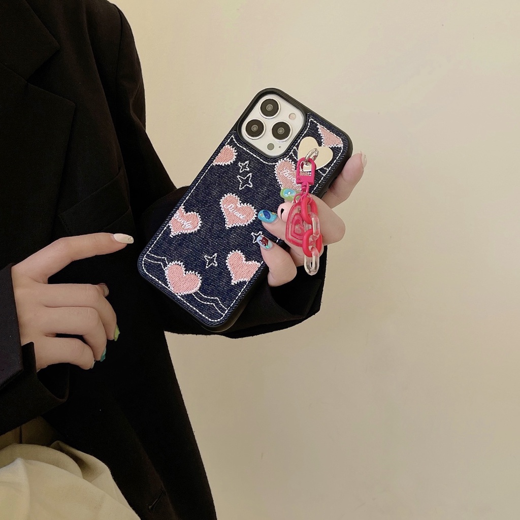 Ốp Điện Thoại Tpu Dẻo Màu Hồng Thêu Họa Tiết Trái Tim Đơn Giản Chống Sốc Chống Rơi Cho iPhone 14 13 12 11 Pro XS Max XR