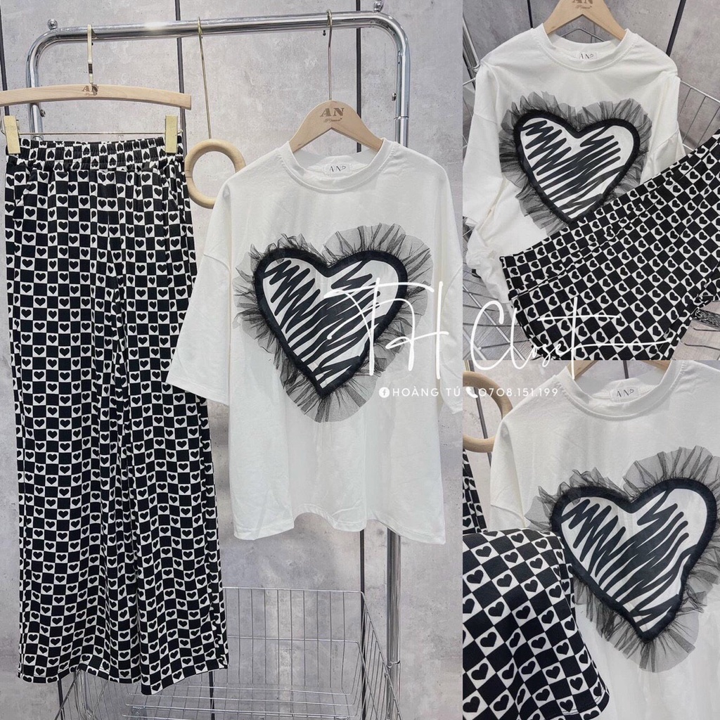 sét bộ cotton quần sọc tim phối áo tim ép 3D túi zip tem mác đầy đủ