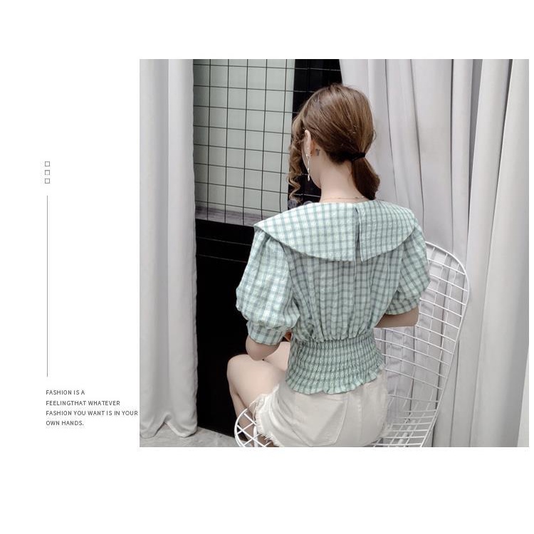 Áo sơ mi tay phồng cổ búp bê họa tiết sọc caro thời trang mùa hè dành cho bạn nữ