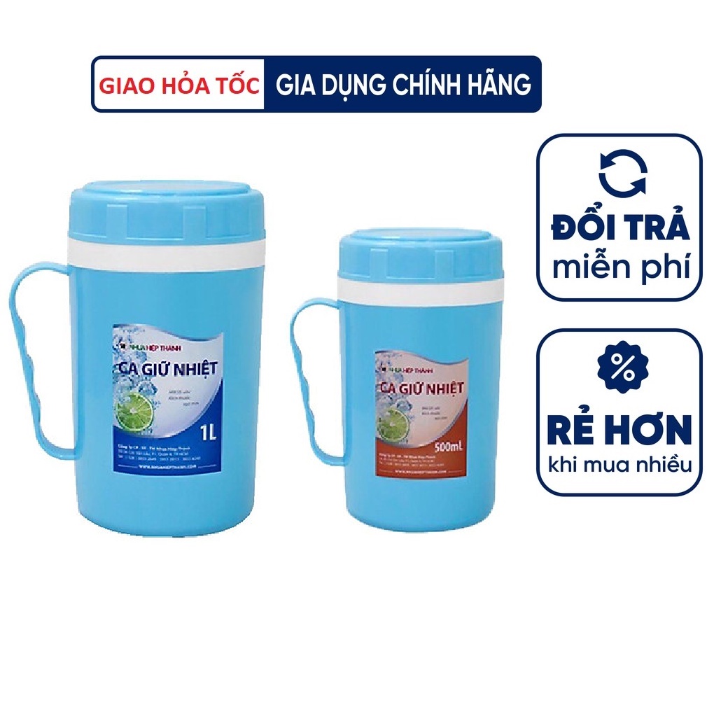 Ca giữ nhiệt nắp xoay có tay cầm nhựa Hiệp Thành loại 500/1000 ml - giao màu ngẫu nhiên