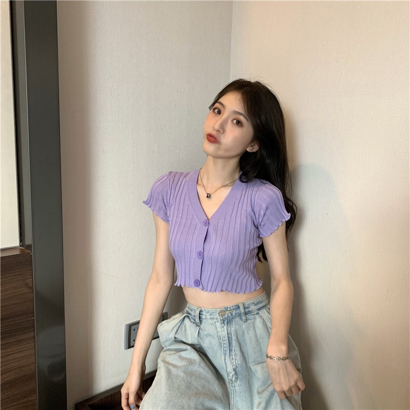 Áo Croptop Dệt Kim Tay Ngắn Thiết Kế Cổ Chữ V Quyến Rũ