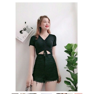 [MÃ TH6739 GIẢM 20% TỐI ĐA 30K ĐƠN TỐI THIỂU 500K] Áo croptop tay ngắn ôm body rút ngực
