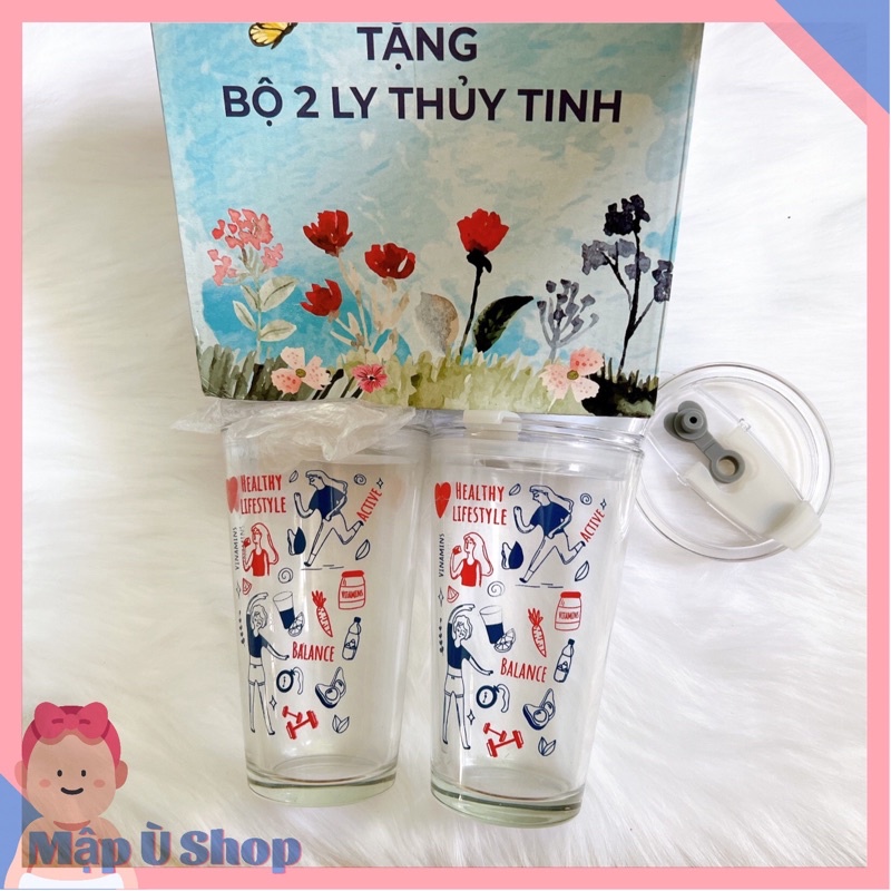 Bộ 2 ly gốm trắng hoạ tiết có quai - ly thủy tinh có nắp - ly dĩa gốm tráng men [ Hàng quà tặng P&amp;G ]