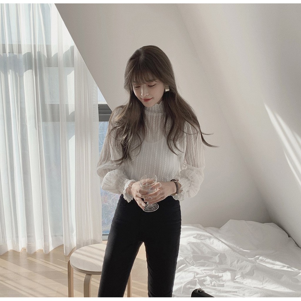 Áo Nữ Cổ Cao Tay Dài Phối Ren Phong Cách Hàn Quốc 40669