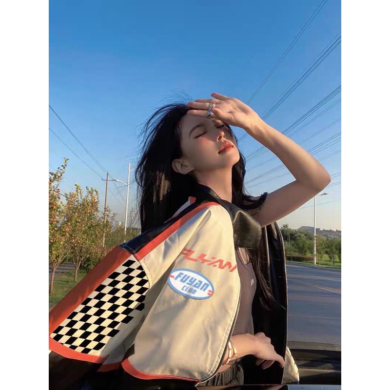 Áo khoác đi xe máy kẻ caro màu tương phản bằng da mùa xuân 2022 cho phụ nữ R5zZ