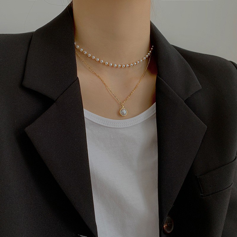 Vòng cổ Hai Lớp Đính Ngọc Trai Thời Trang Dành Cho Nữ