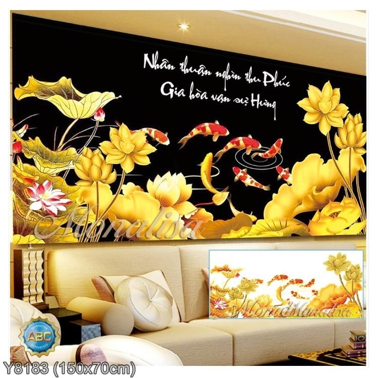 Tranh Đính Đá CÁ CỬU NGƯ QUẦN HỘI (ĐÁ ABC CAO CẤP). Kích Thước: 1m2 x 60cm - 1m5 x 70cm