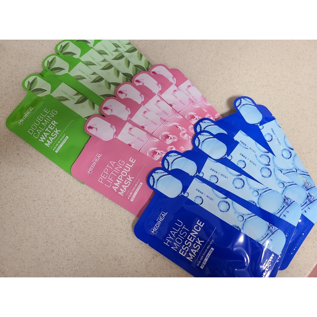 Combo set 15 miếng mặt nạ chăm sóc da Mediheal double calming water + Hyalu moist essence + pepta lifting ampoule mask