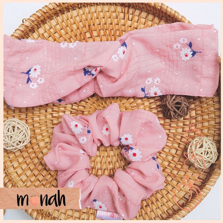 Combo Dây Buộc tóc, Cột tóc Scrunchie Và Turban Băng Đô Nữ Hồng Nude Pastel Hoa Nhí Lụa Cotton.