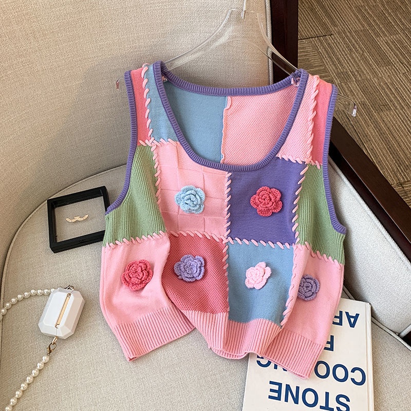 Xiaoxiang Áo Vest Dệt Kim Họa Tiết Hoa Màu Sắc Tương Phản Phong Cách Hàn Quốc Cho Nữ