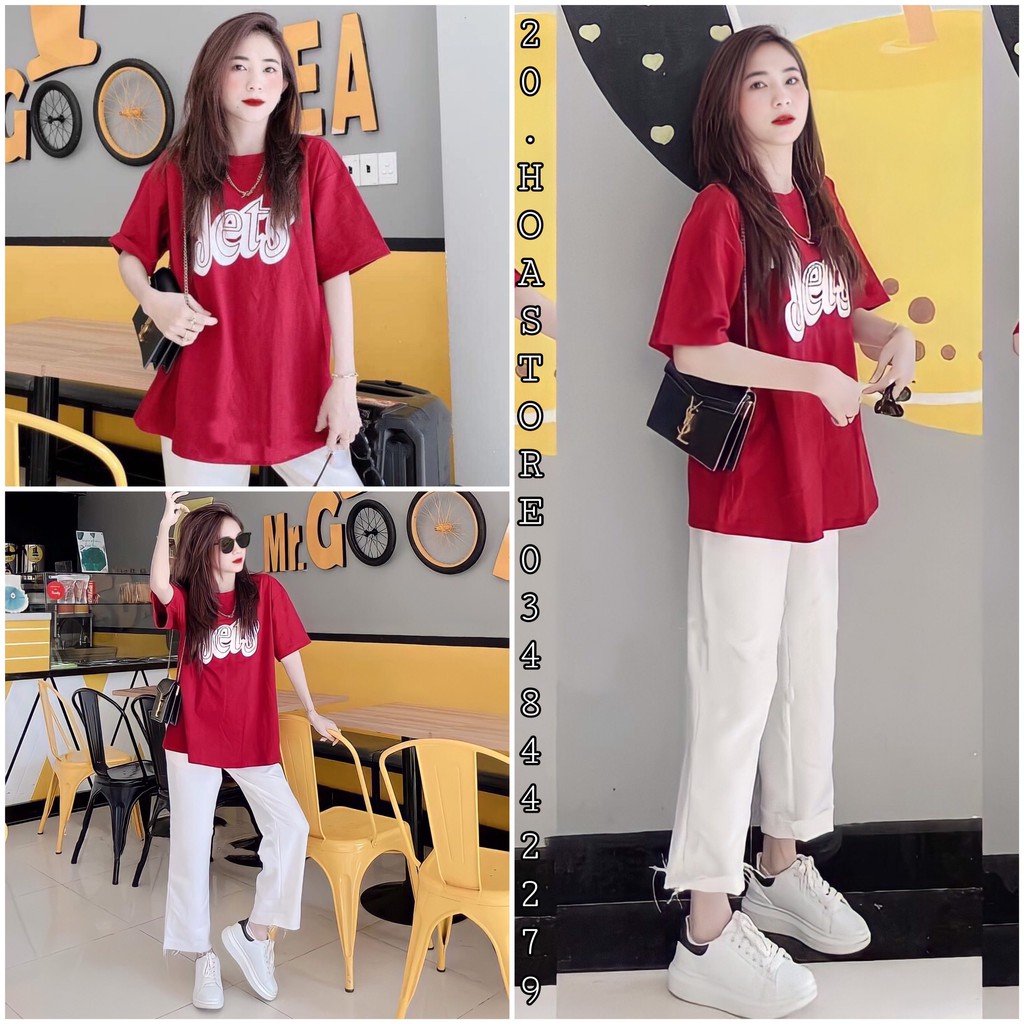 Bộ Quần Áo Nữ JETS 🦋 Set Quần Suông Kaki Trắng Kèm Áo Phông Cotton In Hình Màu Đỏ 🦋