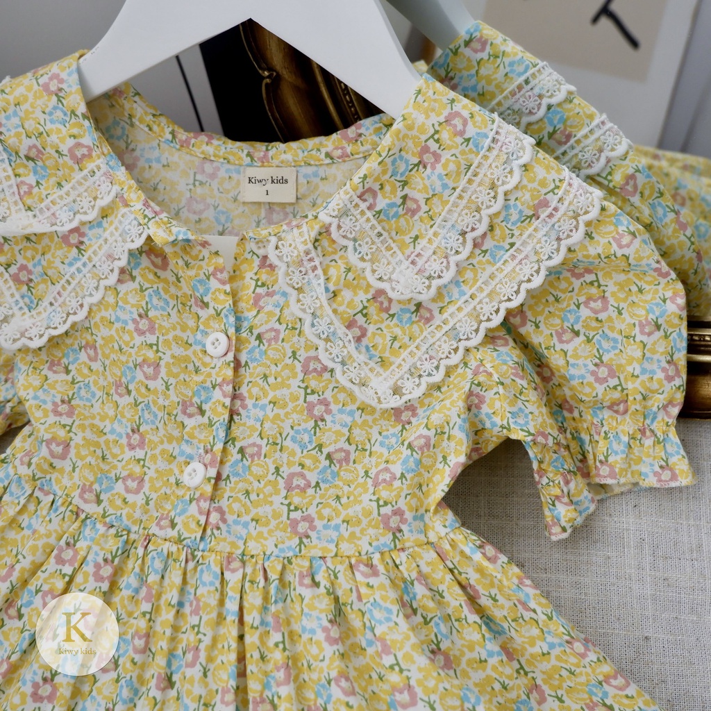 Váy cotton bé gái KIWY KIDS dáng xòe công chúa, cổ 2 lớp viền ren Kidsh2183 cho bé từ 10-25kg