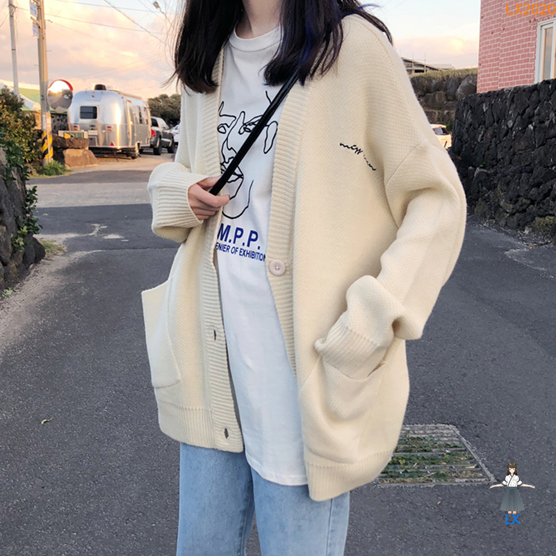 <Ready> Áo Khoác Len Cardigan Cổ Chữ V Thêu Chữ Đơn Giản Kiểu Hàn Quốc